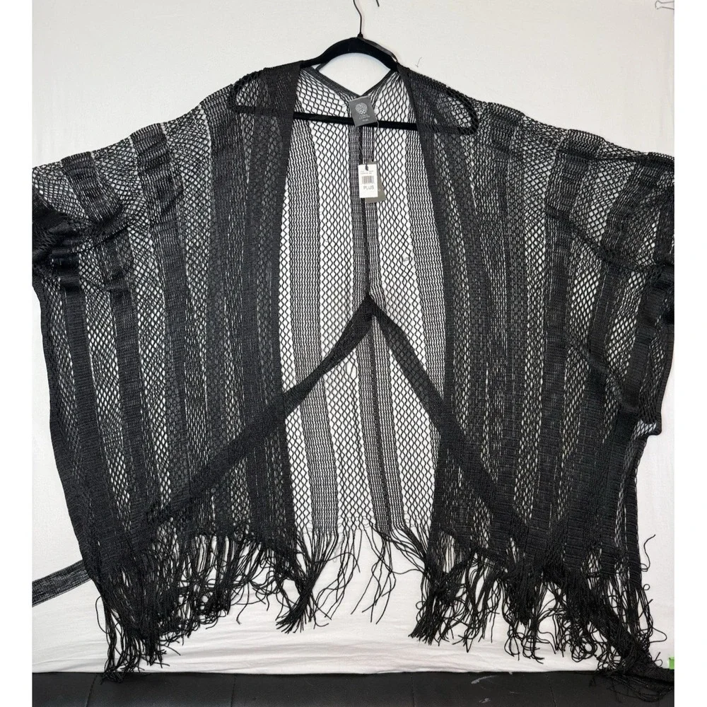 NWT Vince Camuto Plus Size Belted Metallic Topper w/ Fringe Shawl w/ Tie Belt